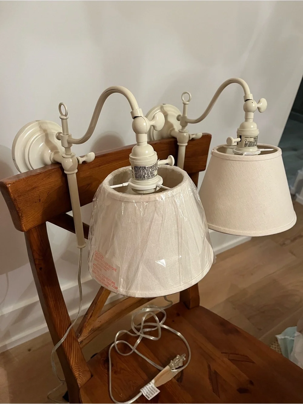 Pottery Barn Cream Metal Adjustable Pair of Wall Sconces & Cream Fabric Shades